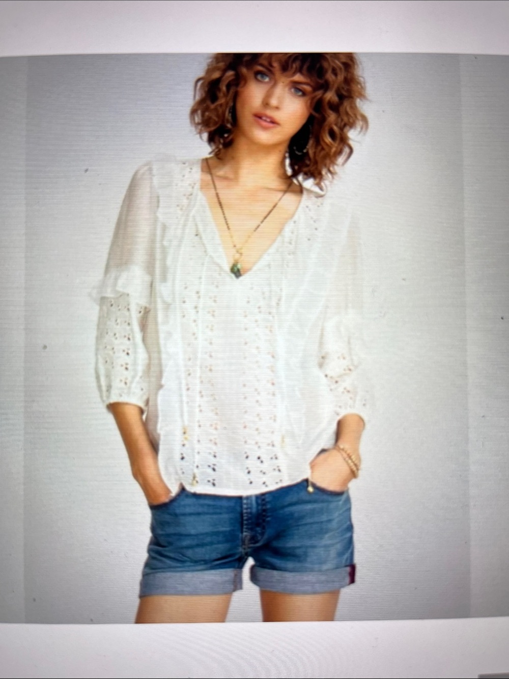 Johnny Was Cream Eyelet V-Neck Ruffle Blouse